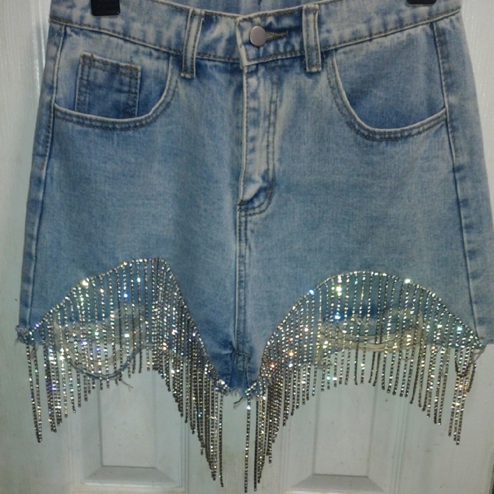 Denim Shorts with Rhinestone Fringe. Savanna Jane